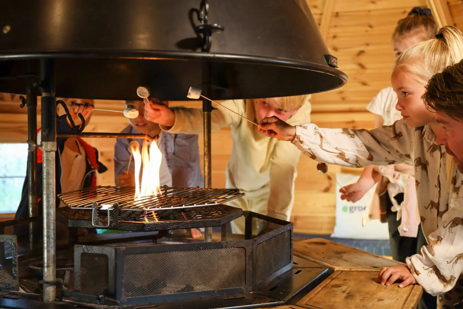Kinder rösten Marshmallows am Kamin während eines Gruppenurlaubs in einer Ferienunterkunft.
